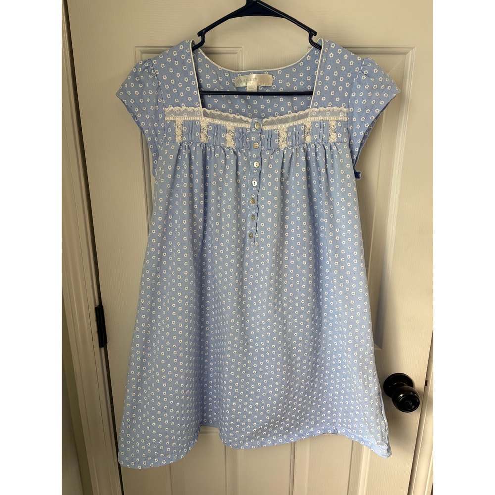 Eileen West Blue Floral Cotton Nightgown Short Sleeve Lace Trim Daisy Print S